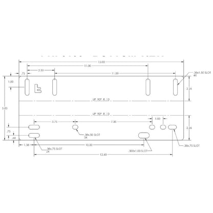 Technical drawing of a steel tractor seat adapter bracket with multiple mounting slots and precise dimensions.