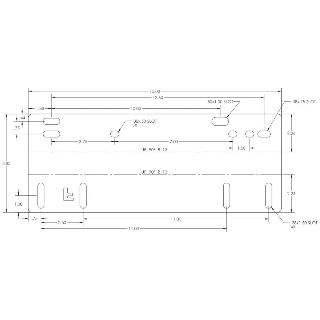 Technical drawing of a steel tractor seat adapter bracket with multiple mounting slots and precise dimensions.