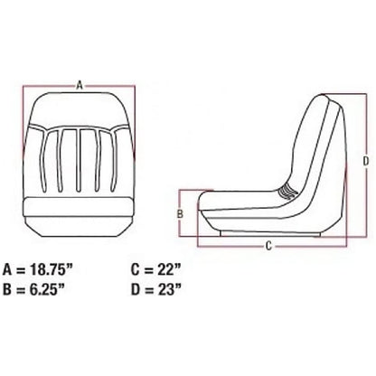 Technical diagram showing front and side dimensions of a high-back bucket seat for tractors and heavy equipment.