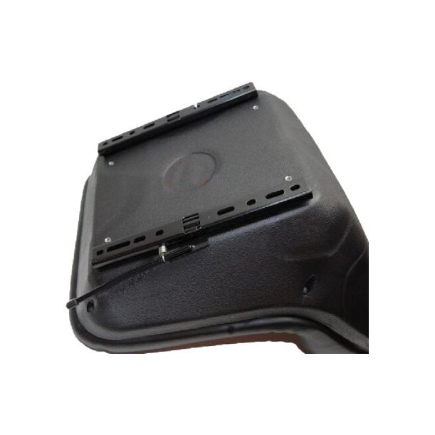 Black high-back bucket seat for tractors and mowers featuring adjustable metal slide tracks on the underside.
