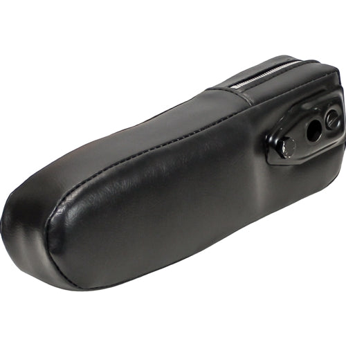 Black vinyl tractor seat armrest cushion with durable steel core and 2-inch thick foam for International tractors.