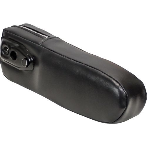 Black vinyl tractor seat armrest cushion with 2-inch foam padding and a durable steel core for International tractors.