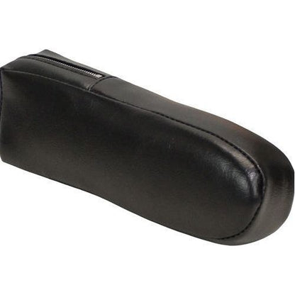 Black vinyl tractor seat armrest cushion with 2-inch thick foam padding and durable stitched seams for International tractors.