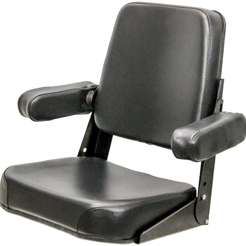 Black vinyl tractor seat assembly with adjustable armrests and steel frame for Allis Chalmers tractors.