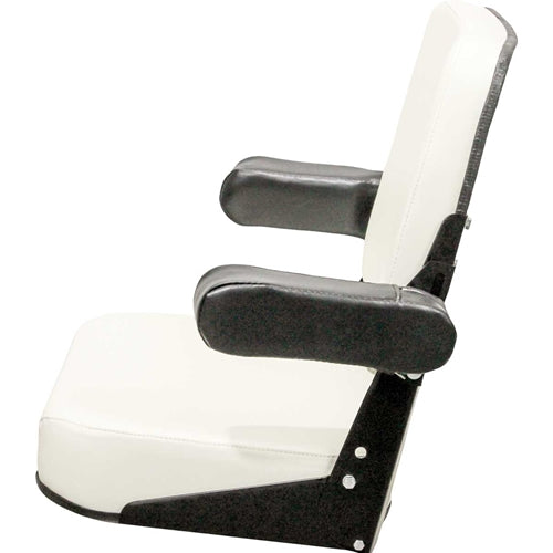 White vinyl tractor seat with black armrests, steel frame, and adjustable hinge for Allis Chalmers tractors.
