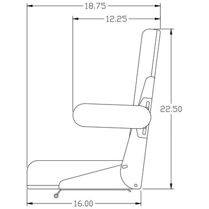 Technical line drawing of an Allis Chalmers tractor seat with armrests, showing side profile dimensions in inches.