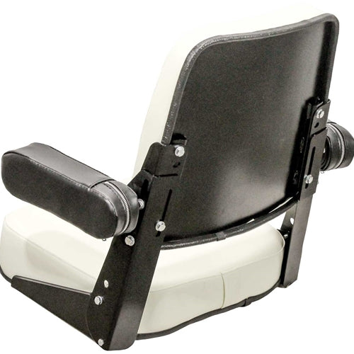 White vinyl tractor seat with black steel frame, adjustable armrests, and backrest for Allis Chalmers tractors.