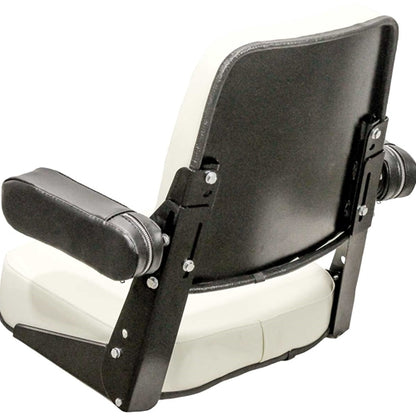White vinyl tractor seat with black steel frame, adjustable armrests, and backrest for Allis Chalmers tractors.
