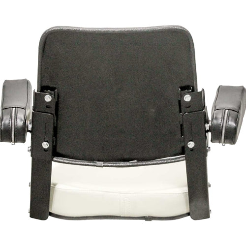 Black and white vinyl tractor seat assembly with adjustable armrests and a durable steel frame for Allis Chalmers tractors.