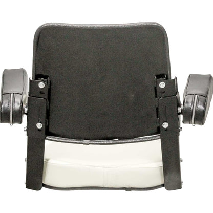 Black and white vinyl tractor seat assembly with adjustable armrests and a durable steel frame for Allis Chalmers tractors.