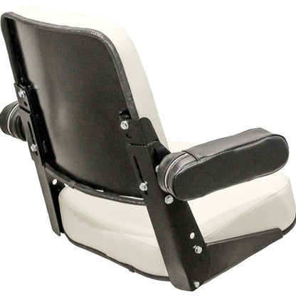 White and black vinyl tractor seat with adjustable armrests and a durable steel frame for Allis Chalmers tractors.