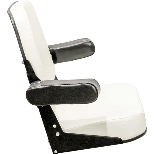 White and black vinyl tractor seat with adjustable armrests and steel frame for Allis Chalmers tractors.