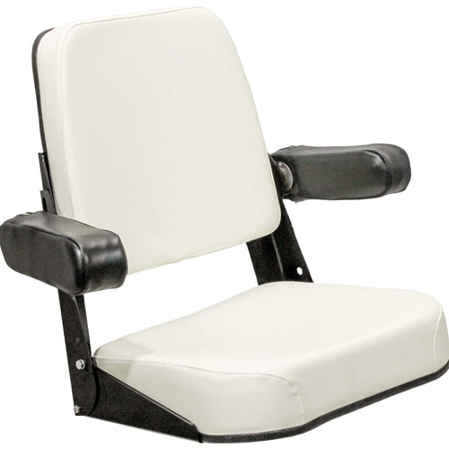 White vinyl tractor seat with black armrests and steel frame for Allis Chalmers tractors.
