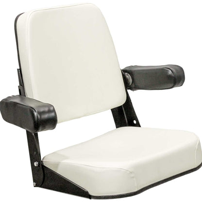 White vinyl tractor seat with black armrests and steel frame for Allis Chalmers tractors.
