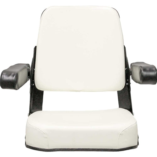 White vinyl tractor seat with black armrests, steel frame, and adjustable backrest for Allis Chalmers tractors.