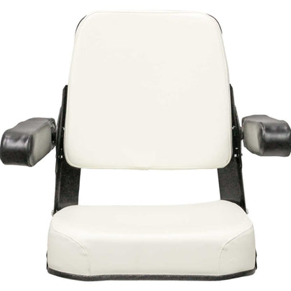 White vinyl tractor seat with black armrests, steel frame, and adjustable backrest for Allis Chalmers tractors.