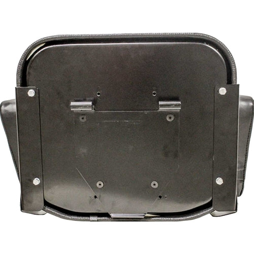 Black vinyl tractor seat assembly with steel frame, hinge mount, and contoured cushions for Allis Chalmers tractors.