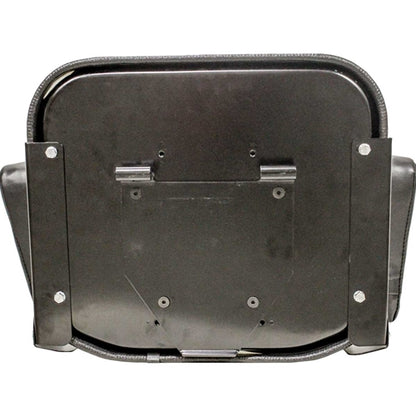 Black vinyl tractor seat assembly with steel frame, hinge mount, and contoured cushions for Allis Chalmers tractors.