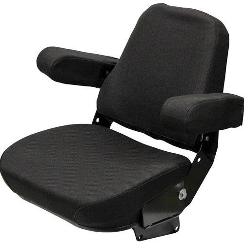 Black tractor seat assembly with fold-up armrests, steel frame, and durable fabric cushion for Case and Massey Ferguson.
