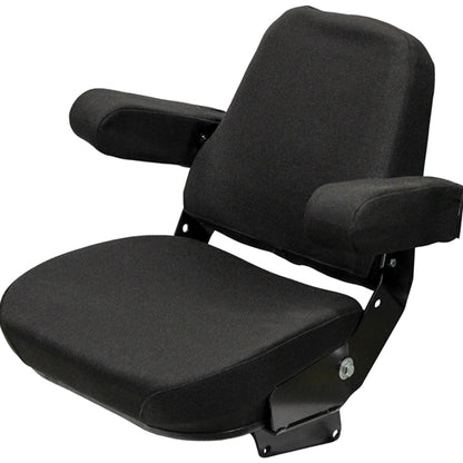 Black tractor seat assembly with fold-up armrests, steel frame, and durable fabric cushion for Case and Massey Ferguson.