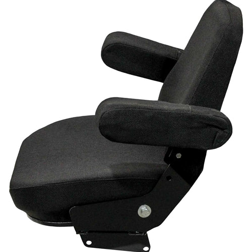 Black tractor seat assembly with fold-up armrests, durable fabric upholstery, and a sturdy steel frame for Case and IH equipment.