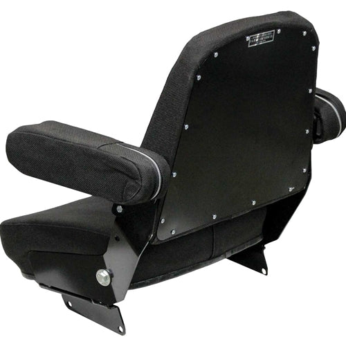 Black tractor seat assembly with fold-up armrests, steel frame, and durable fabric upholstery for Case and Massey Ferguson.