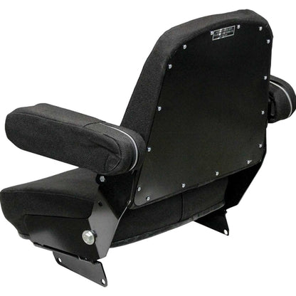 Black tractor seat assembly with fold-up armrests, steel frame, and durable fabric upholstery for Case and Massey Ferguson.