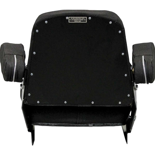 Black tractor seat assembly with fold-up armrests, steel frame, and durable fabric upholstery for Case and IH equipment.