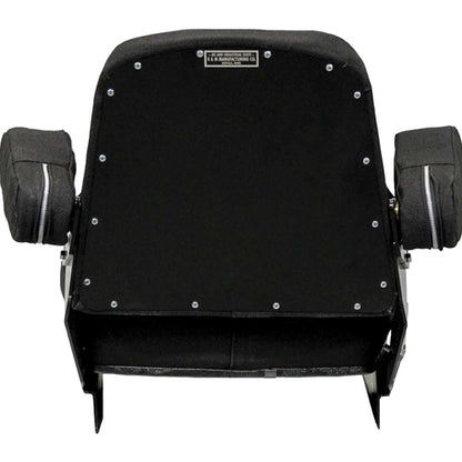 Black tractor seat assembly with fold-up armrests, steel frame, and durable fabric upholstery for Case and IH equipment.