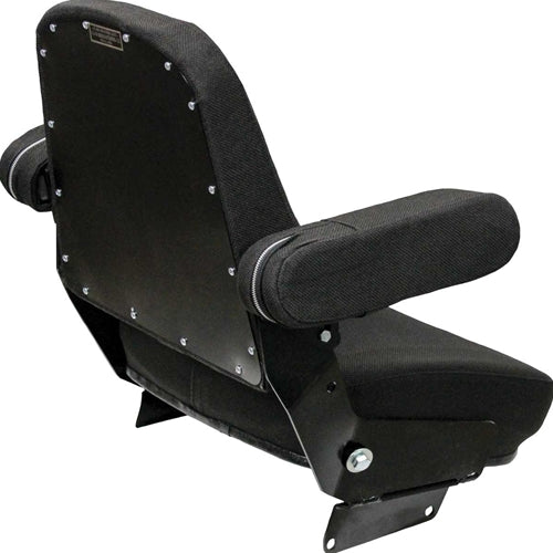 Black tractor seat assembly with fold-up armrests, durable fabric upholstery, and a sturdy steel frame for heavy equipment.