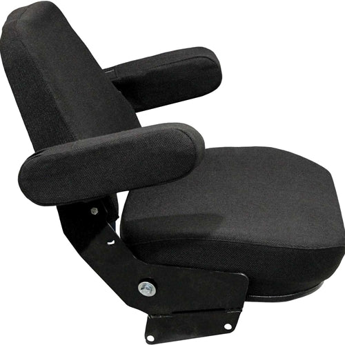 Black tractor seat assembly with durable fabric, steel frame, and fold-up armrests for Case, IH, and Massey Ferguson.