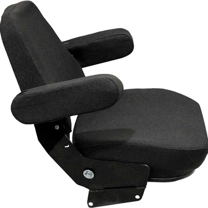 Black tractor seat assembly with durable fabric, steel frame, and fold-up armrests for Case, IH, and Massey Ferguson.