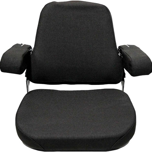 Black tractor seat assembly with thick foam cushions, steel frame, and foldable armrests for Case and Massey Ferguson.