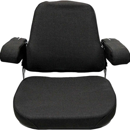 Black tractor seat assembly with thick foam cushions, steel frame, and foldable armrests for Case and Massey Ferguson.