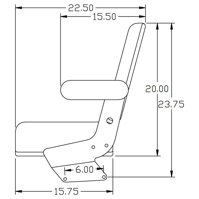 Technical diagram of a tractor seat assembly with fold-up armrests, showing side profile dimensions in inches.