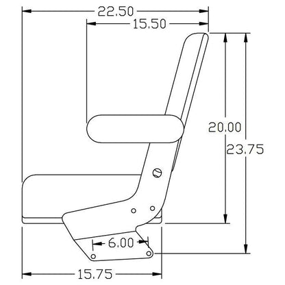 Technical diagram of a tractor seat assembly with fold-up armrests, showing side profile dimensions in inches.