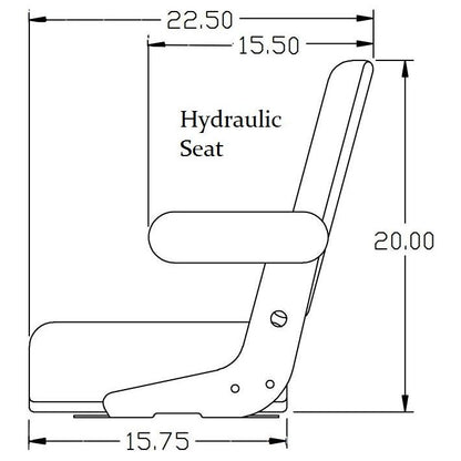 Technical diagram of a tractor seat assembly with fold-up armrests and labeled dimensions for Case, IH, and Massey Ferguson.