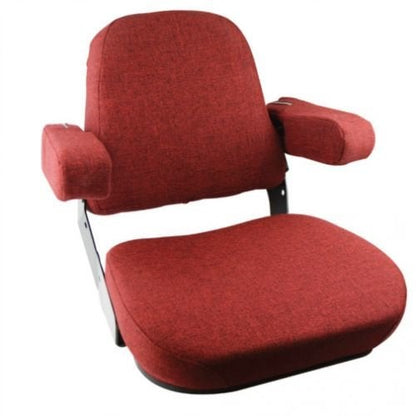 Red fabric tractor seat assembly with steel frame and flip-up armrests for Case, International, and Massey Ferguson tractors.