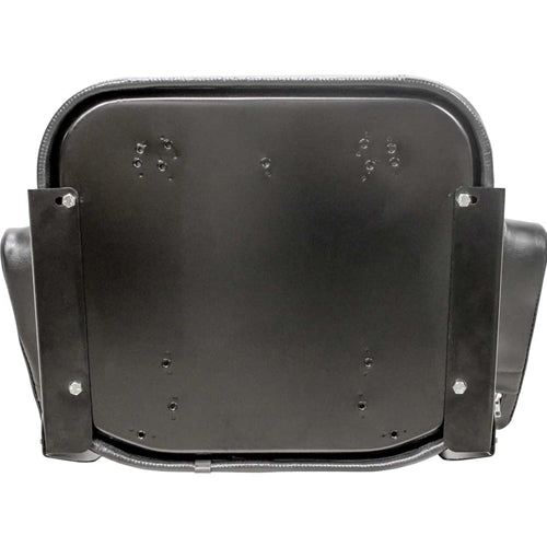 Black vinyl tractor seat assembly with a durable steel frame and adjustable mounting brackets for International tractors.