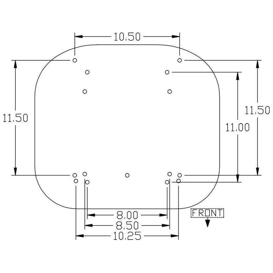 Technical diagram of an International tractor seat base with mounting hole dimensions and front orientation label.