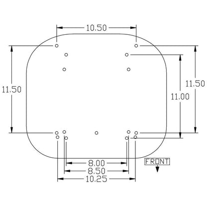 Technical diagram of an International tractor seat base with mounting hole dimensions and front orientation label.