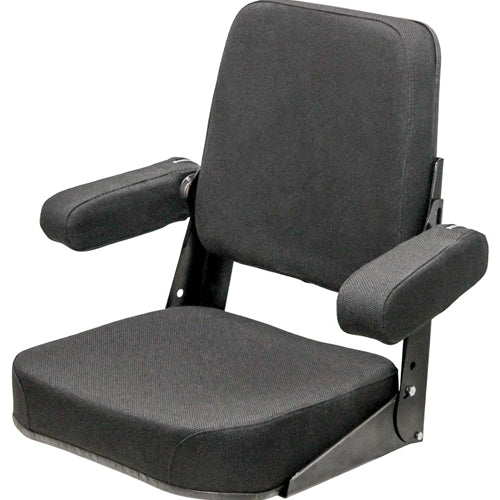 Black tractor seat assembly with adjustable armrests, contoured cushions, and a durable steel frame for heavy equipment.
