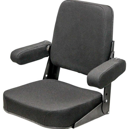 Black tractor seat assembly with adjustable armrests, contoured cushions, and a durable steel frame for heavy equipment.