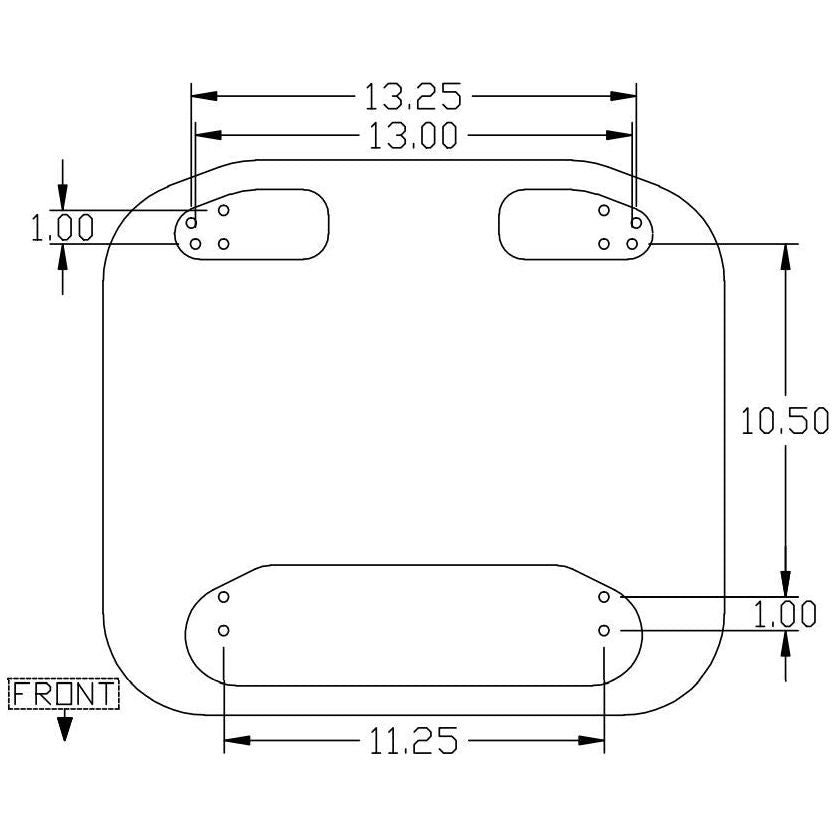 Technical diagram showing mounting hole dimensions for a tractor seat assembly with front orientation label.