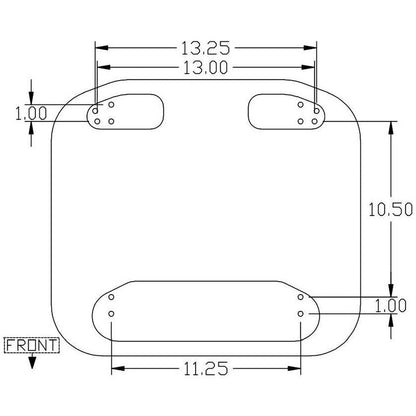 Technical diagram showing mounting hole dimensions for a tractor seat assembly with front orientation label.