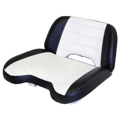 Black and white vinyl tractor seat assembly with steel frame for Allis Chalmers restoration.