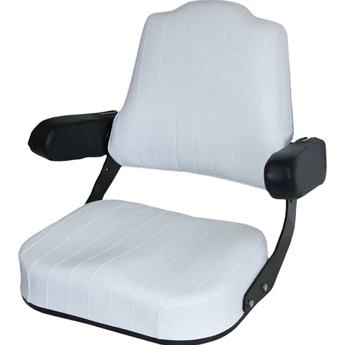 White vinyl tractor seat assembly with tombstone backrest, black armrests, and steel frame for International Harvester.