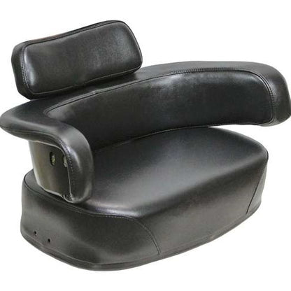 Three-piece black vinyl seat cushion set for John Deere tractors with thick foam padding and durable steel core construction.