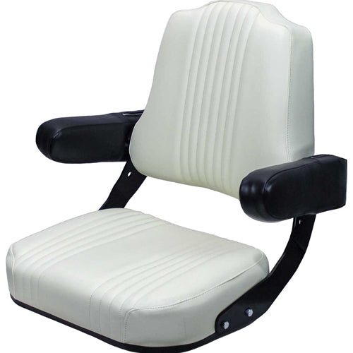 White vinyl tractor seat with tombstone backrest, black folding armrests, and steel frame for International Harvester tractors.