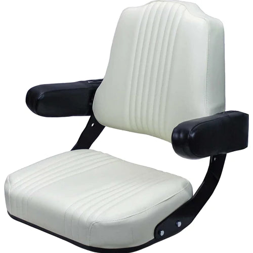 White vinyl tractor seat assembly with black armrests and a tombstone-shaped backrest for International Harvester tractors.
